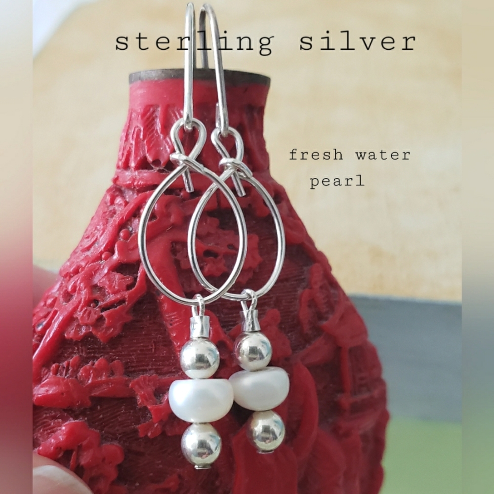 Sterling Silver And Pearl Drop Hoop Earrings Handmade